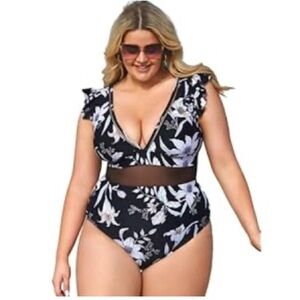 CUPSHE Women's One Piece Swimsuit Plus Size V Neck Ruffle Mesh Bathing Suit.XXL
